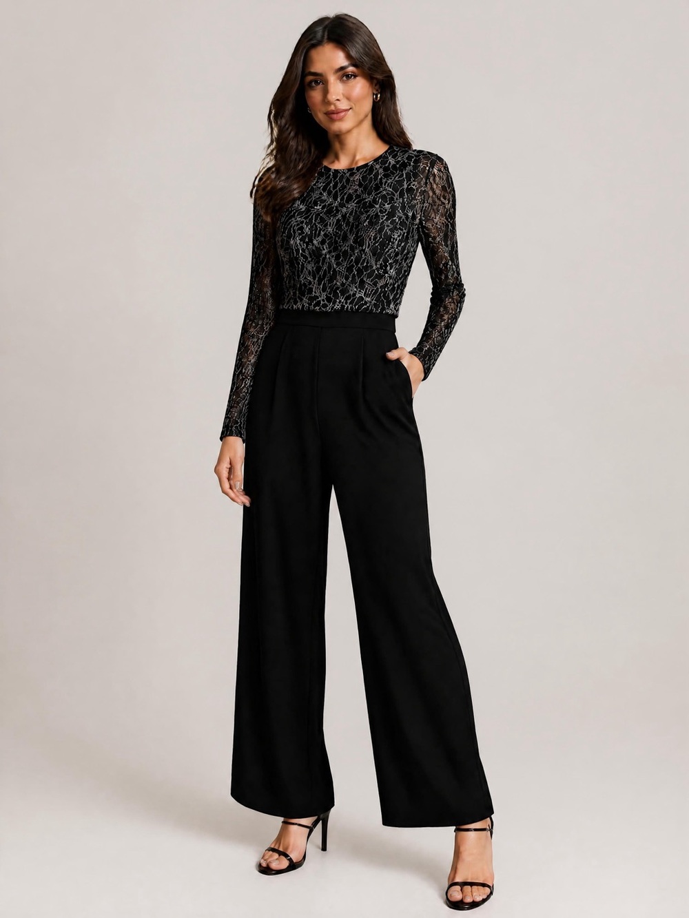 Reiss Black Lace-Top Wide-Leg Jumpsuit